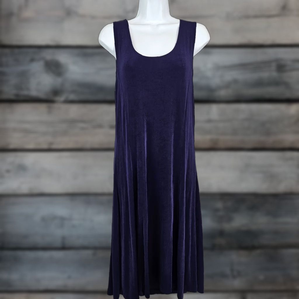 VINTAGE? No. Chico's Travelers Dress M Purple Knit Sleeveless Scoop Neck Knee Length Womens Tank Dress