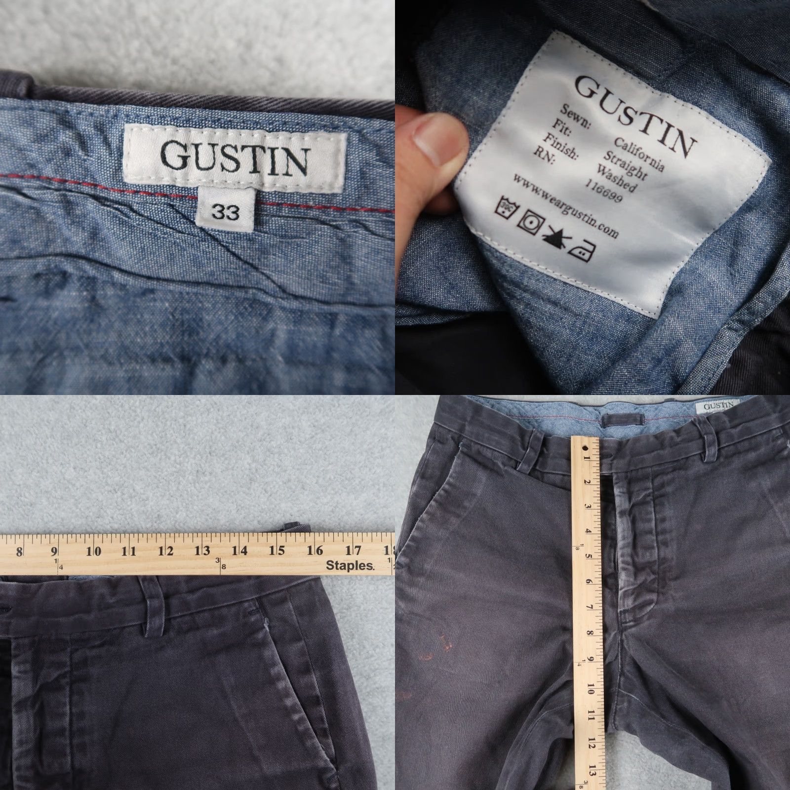 Gustin GUSTIN Pants Men 33 Blue Twill Chino Slim Straight Button Fly Casual Preppy Mens Size US 33 - 8 Thumbnail