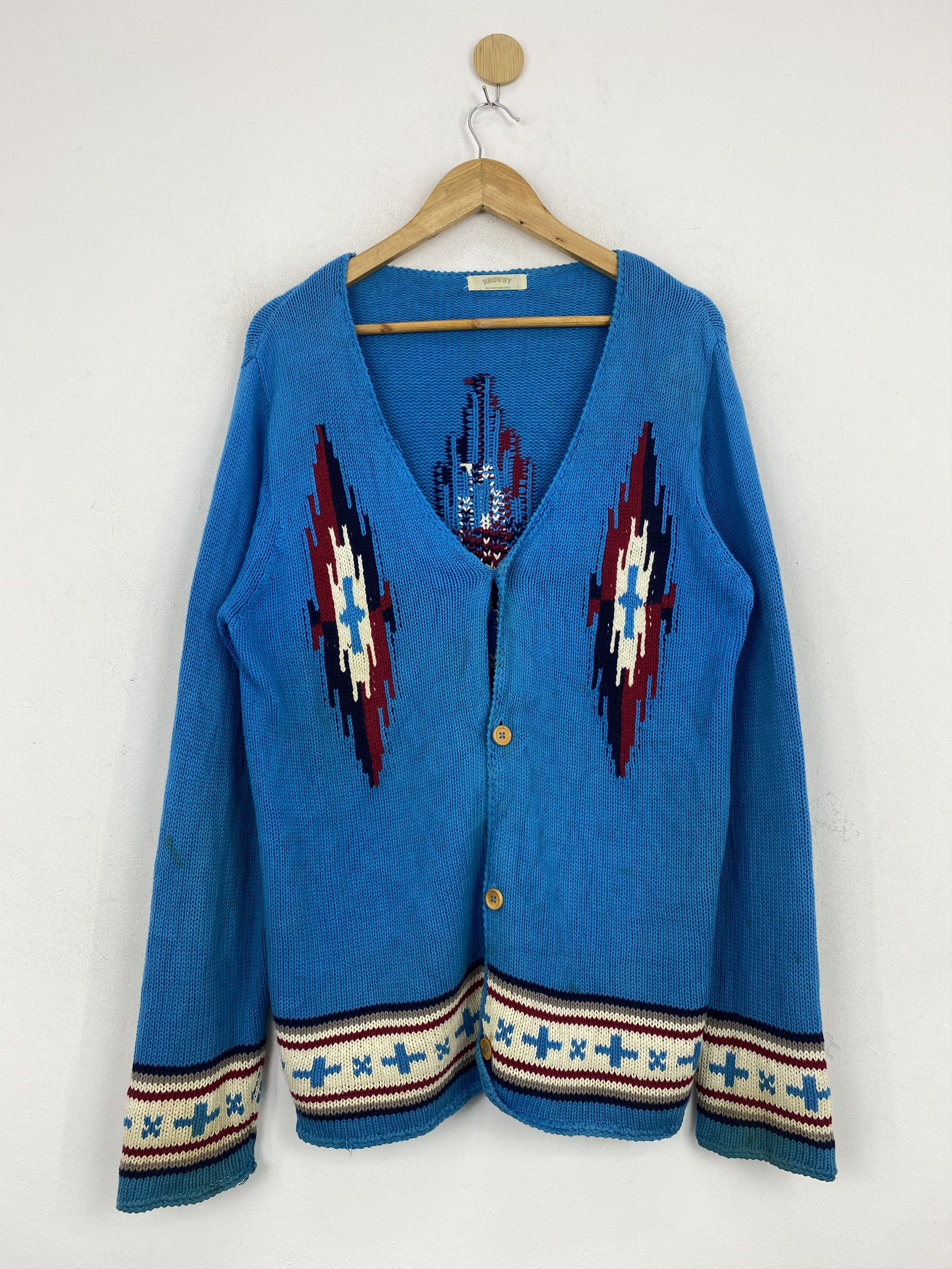image of Browny Native Navajo Knitwear Cardigan in Blue, Men's (Size Large)
