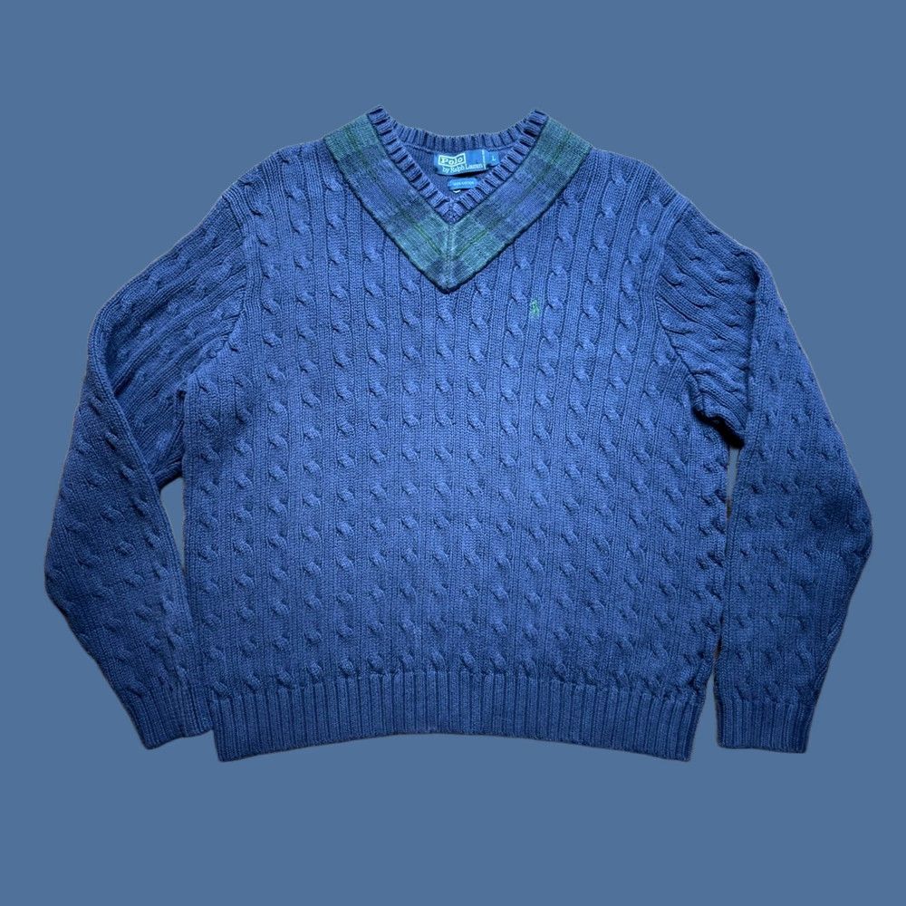 Ralph Lauren VTG Polo Ralph Lauren Cable Knit Cricket Sweater Navy Blue Plaid Collar Men's Large Size US L / EU 52-54 / 3 - 1 Thumbnail