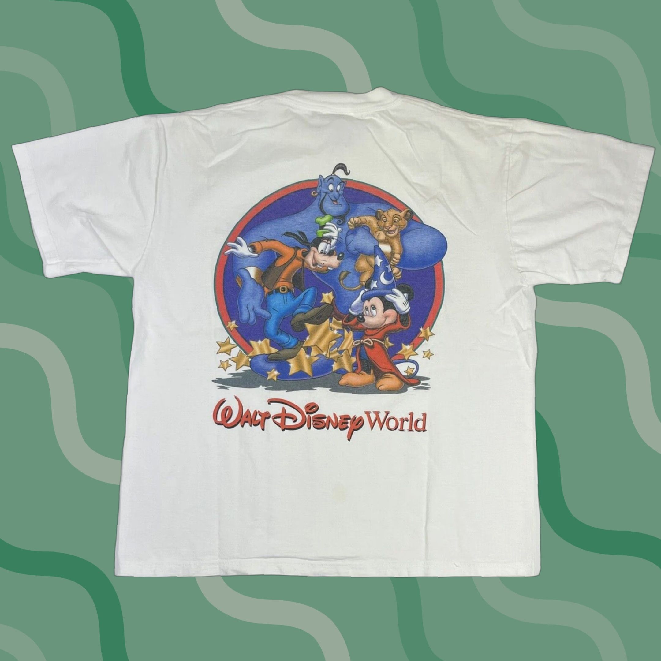 VINTAGE Disney 90s T-Shirt Men L White Crew Neck Cotton 1996 Lions King Genie Aladdin Simba Mickey Logo USA 25th Anniversary Theme: 90s