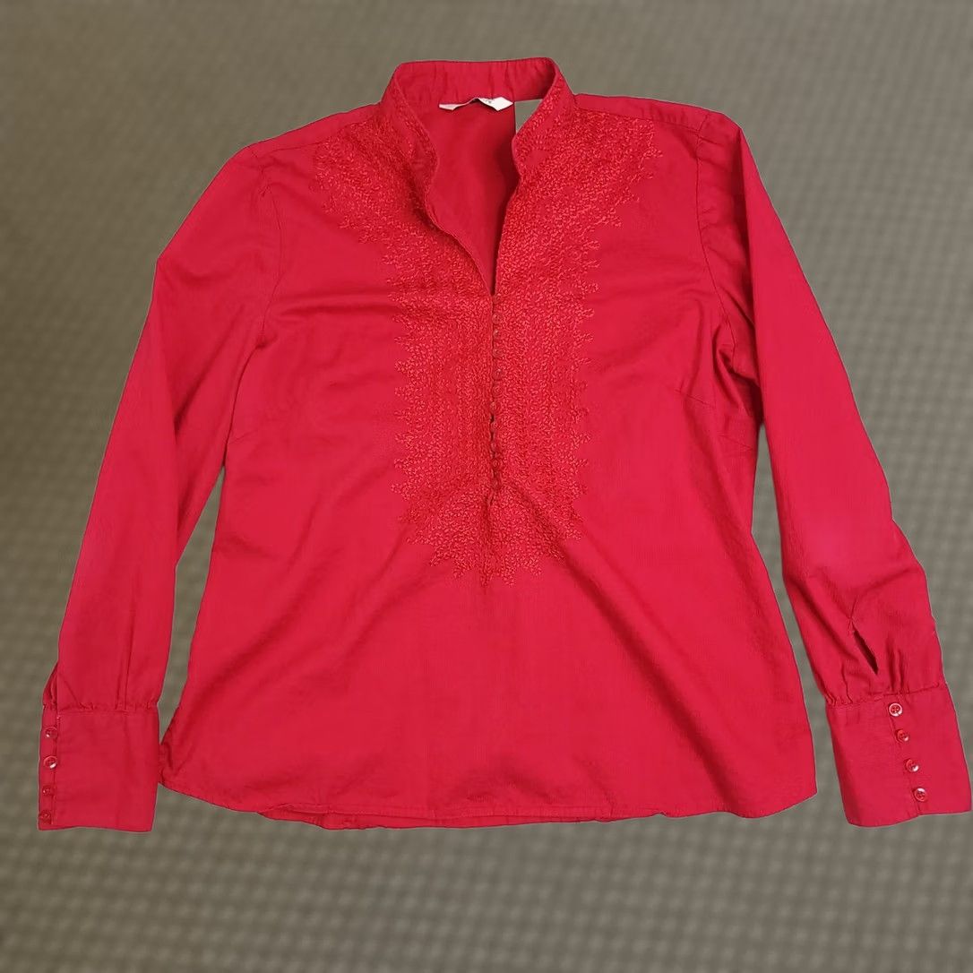 Vintage VINTAGE Cambridge Dry Goods Women's XL Red Embroidered Button Blouse Knit Cotton Bell Sleeve 90s Tunic Size XL / US 12-14 / IT 48-50 - 1 Thumbnail
