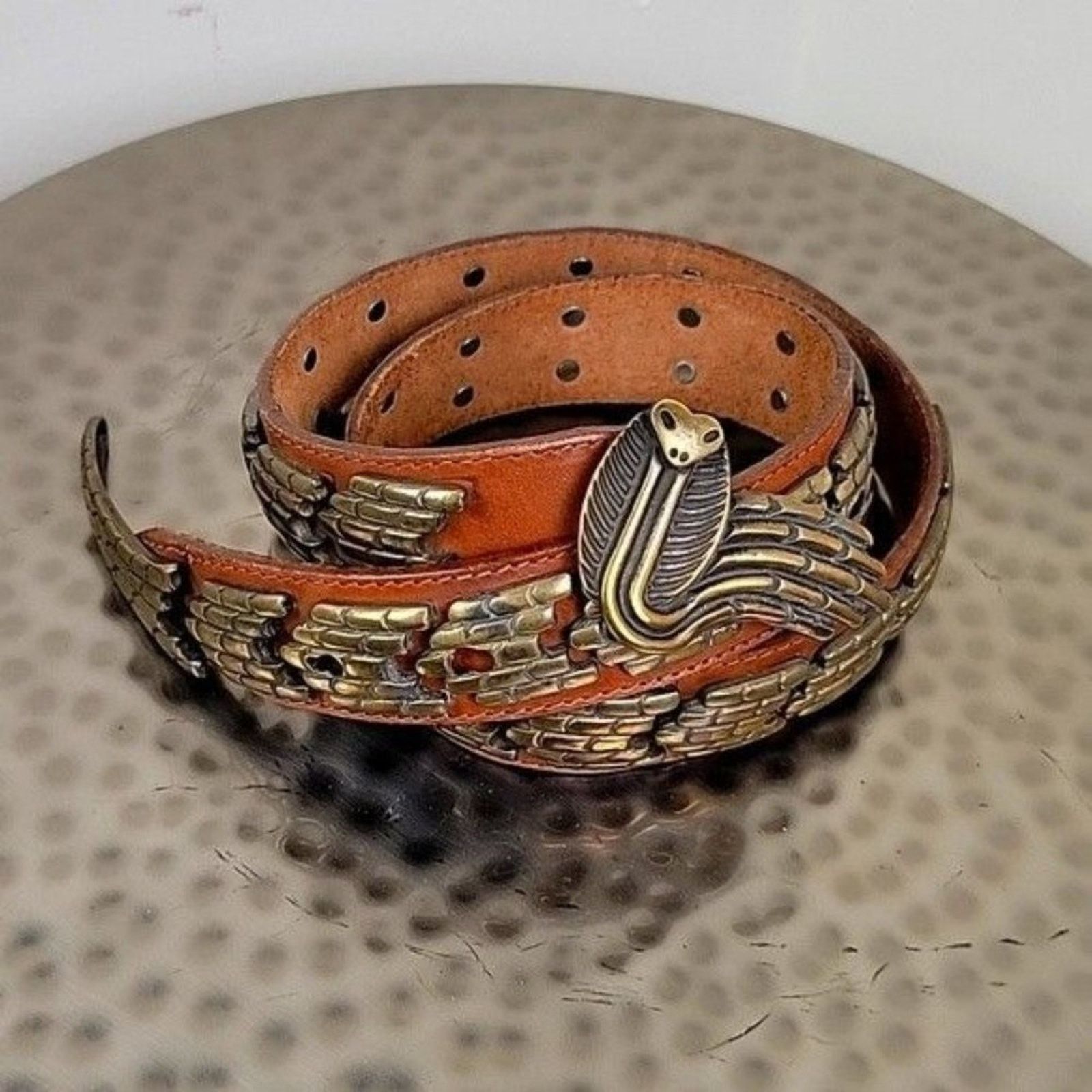 Vintage ACCENTI Italy Metal Brass Links Cobra Snake Belt Leather Size ONE SIZE - 12 Thumbnail