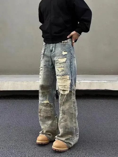 Jean Heavy duty washed and torn camouflage patchwork jeans Size US 34 / EU 50 - 4 Thumbnail
