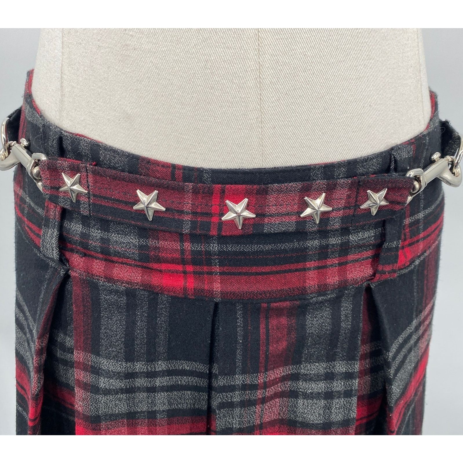 Vintage Vintage 90s Y2k Pleated Plaid Mini Skirt Chain Star Belt Red Size 25" / US 0 / IT 36 - 3 Thumbnail