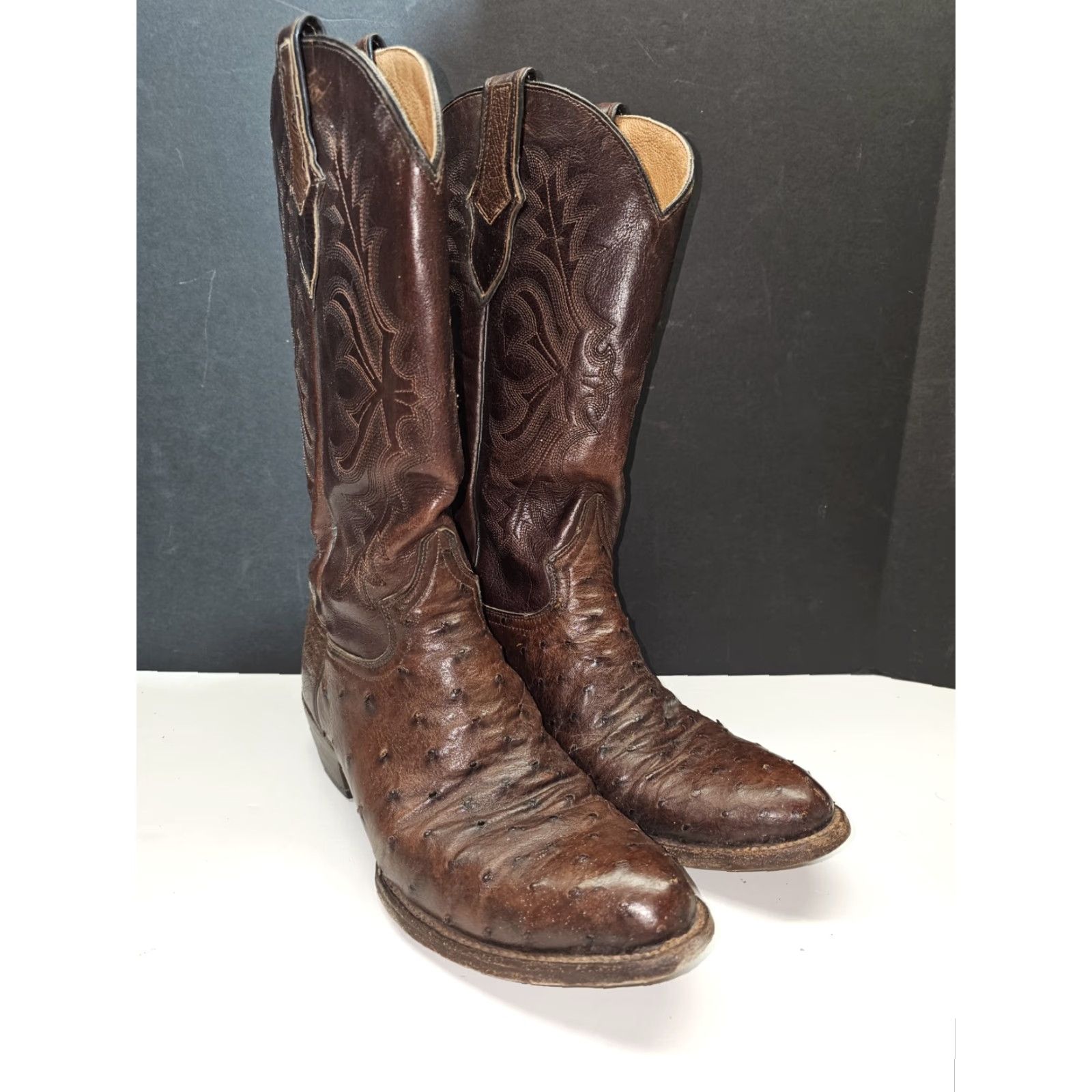 Stetson VINTAGE John B Stetson Cowboy Western Boots Men’s Sz 9D Brown Leather Ostrich Handmade Mid-Calf Shaft Pointed Toe Pull On D Width Boots Size US 9 / EU 42 - 3 Thumbnail