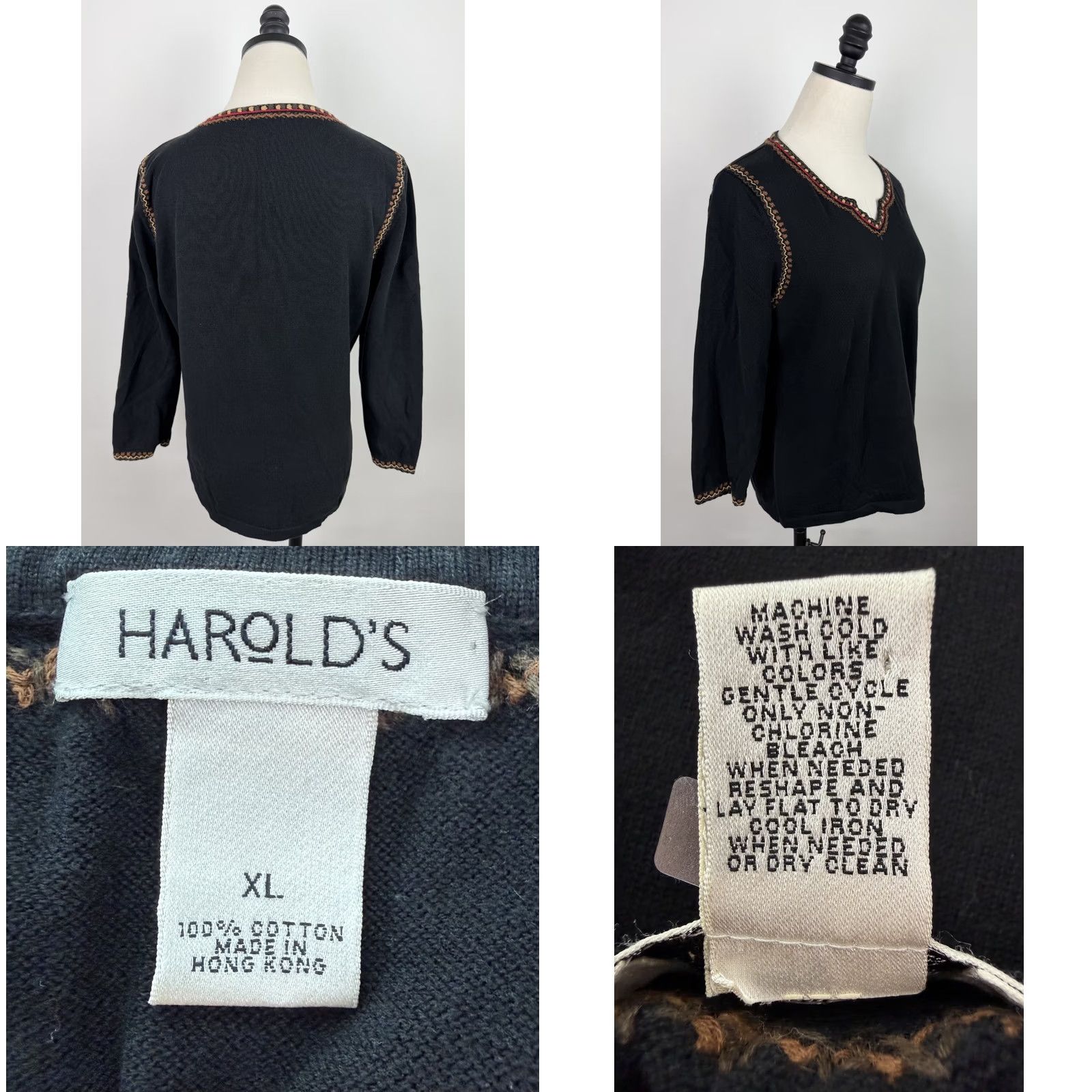 Vintage VINTAGE Harold's Shirt Womens L Black Cotton Embroidered 3/4 Sleeve V-Neck Western 90s Bohemian retro Hippie Vintage Womens XL fits like Large Size L / US 10 / IT 46 - 8 Thumbnail