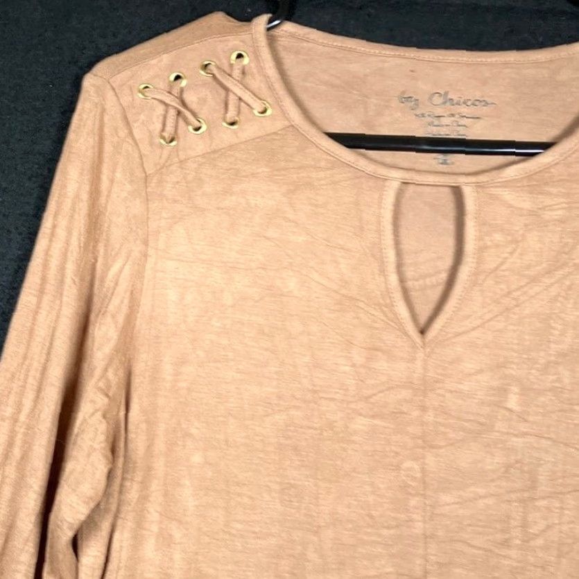 Vintage Chicos Womens Blouse Brown High Low Tunic Keyhole Lace Up Shoulder Stretch Crew Neck Long Sleeve Regular S Shirt Size S / US 4 / IT 40 - 4 Thumbnail