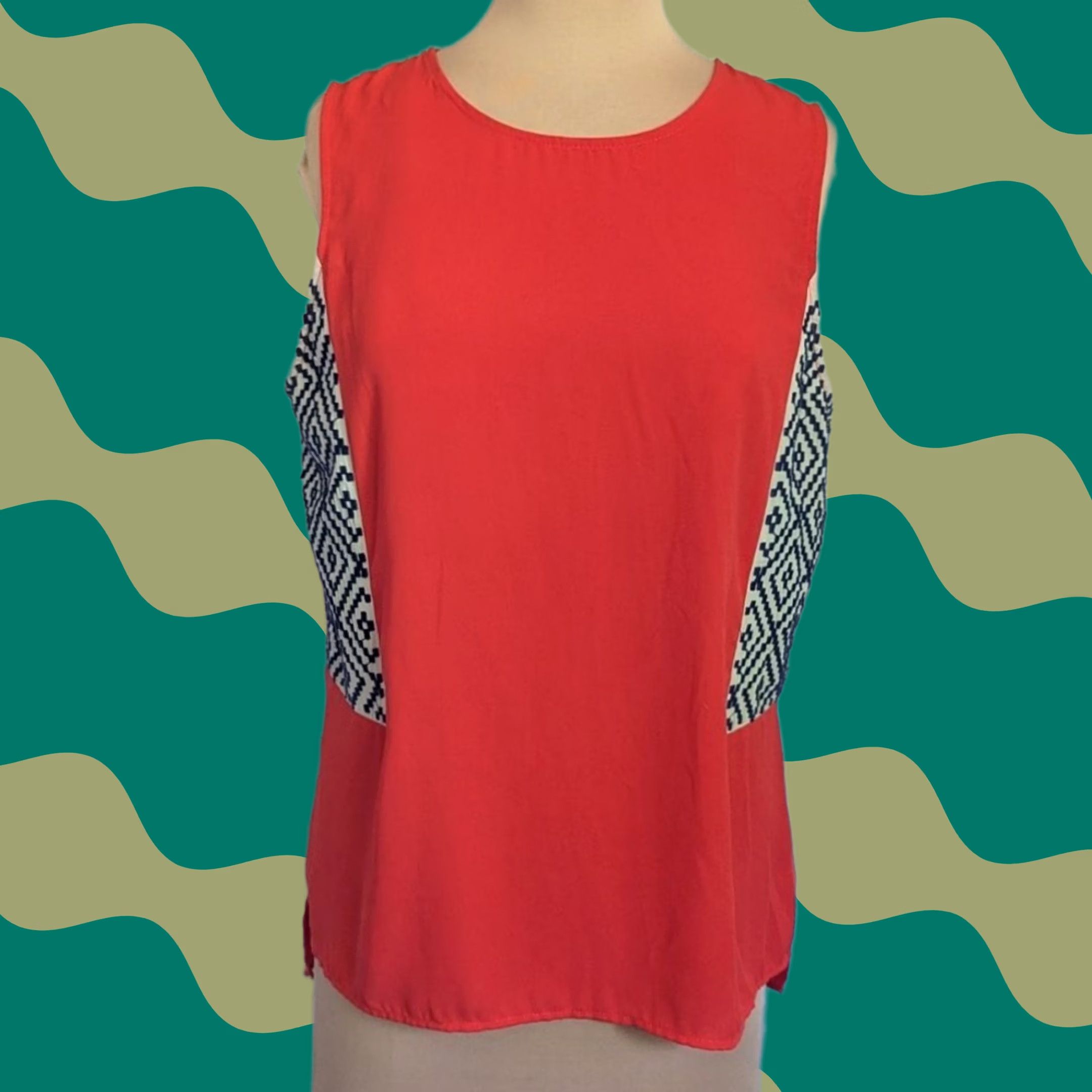 Vintage Womens Blouse Geometric Print Sleeveless Red Navy White Zip Back Round Neck Sz M Medium The Impeccable Pig Casual Workwear Boho Size M / US 6-8 / IT 42-44 - 1 Thumbnail