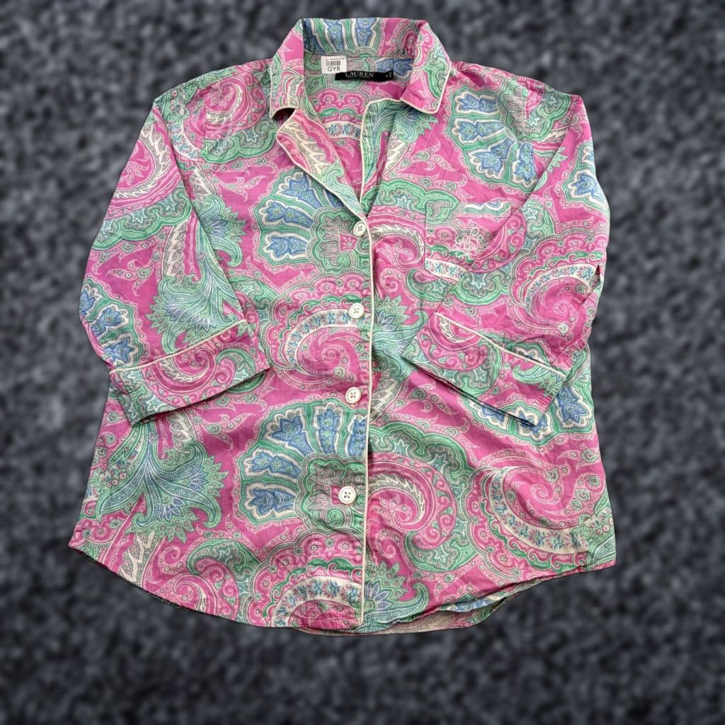 Ralph Lauren Lauren Ralph Lauren Pajama Top Womens Medium Pink Paisley 3/4 Sleeve Button Front Embroidered Monogram Cute Size M / US 6-8 / IT 42-44 - 1 Thumbnail