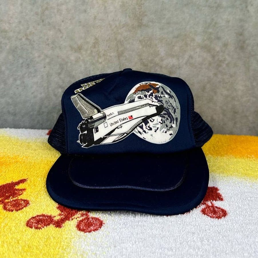 NASA × Vintage Vintage 80s Nasa Trucker Hat Mesh Back Snap Back Navy Blue Size ONE SIZE - 1 Thumbnail