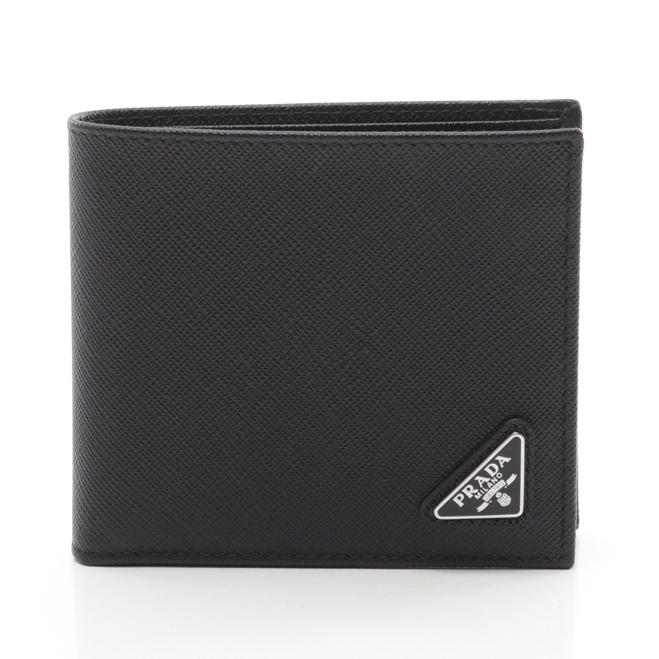Prada Prada Sasaffiano Triang Bi-Fold Wallet Saffiano Leather Black Size ONE SIZE - 1 Thumbnail