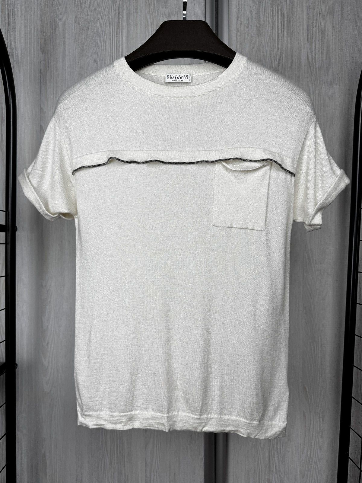 Brunello Cucinelli Brunello Cucinelli cashmere silk white rhinestones tee shirt Size S / US 4 / IT 40 - 2 Thumbnail