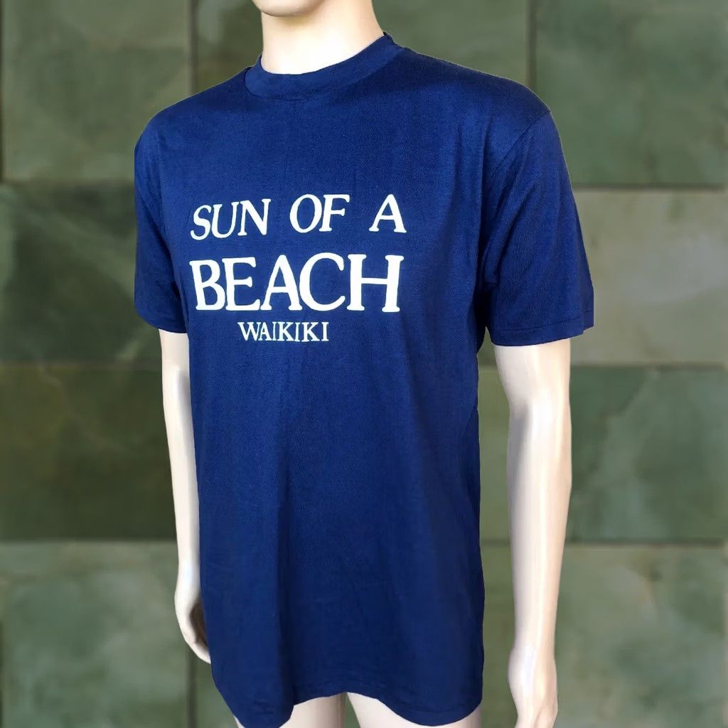 Vintage Hanes Waikiki Shirt 50/50 Usa Made Short Sleeve Crew Neck 1XL Blue Men 70s 80s Sun Of A Beach Single Stitch, Men's