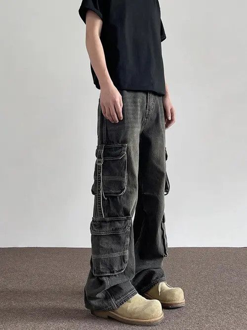 VIBE Black Washed Cargo Denim Jeans with Straps Size US 32 / EU 48 - 2 Thumbnail