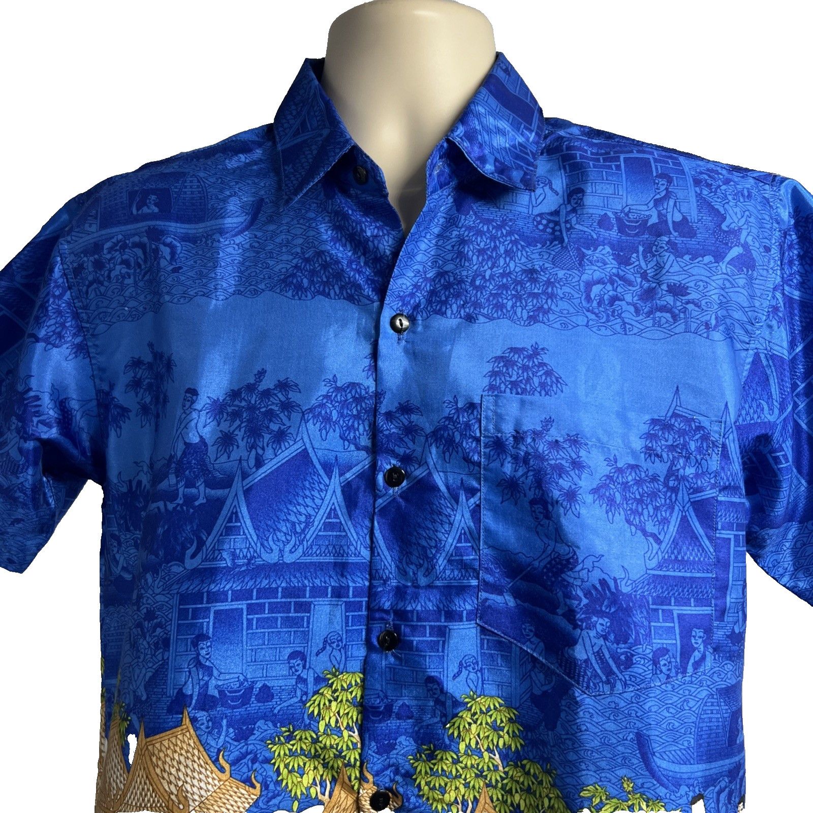 Vintage Thai Silk Siew Chang Huat Blue Button Up Shirt Small Pocket Size US S / EU 44-46 / 1 - 3 Thumbnail