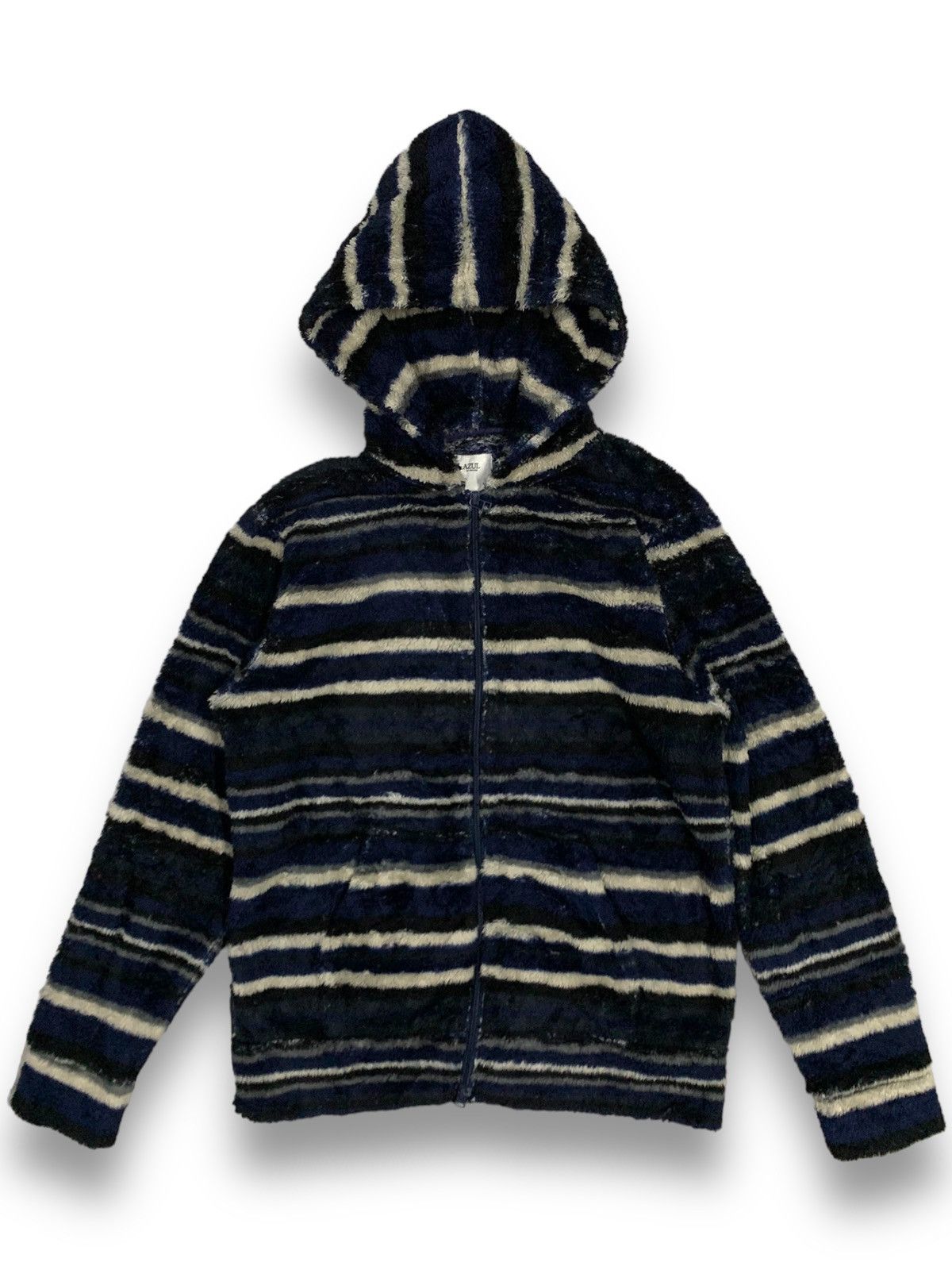 image of Moussy Y2K Striped Deep Pile Fleece Hooded Jacket in Navy Black White (Size Medium)