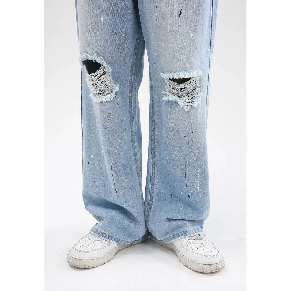Japanese Brand Retro loose straight tube splashed ink ripped jeans Size US 32 / EU 48 - 4 Thumbnail