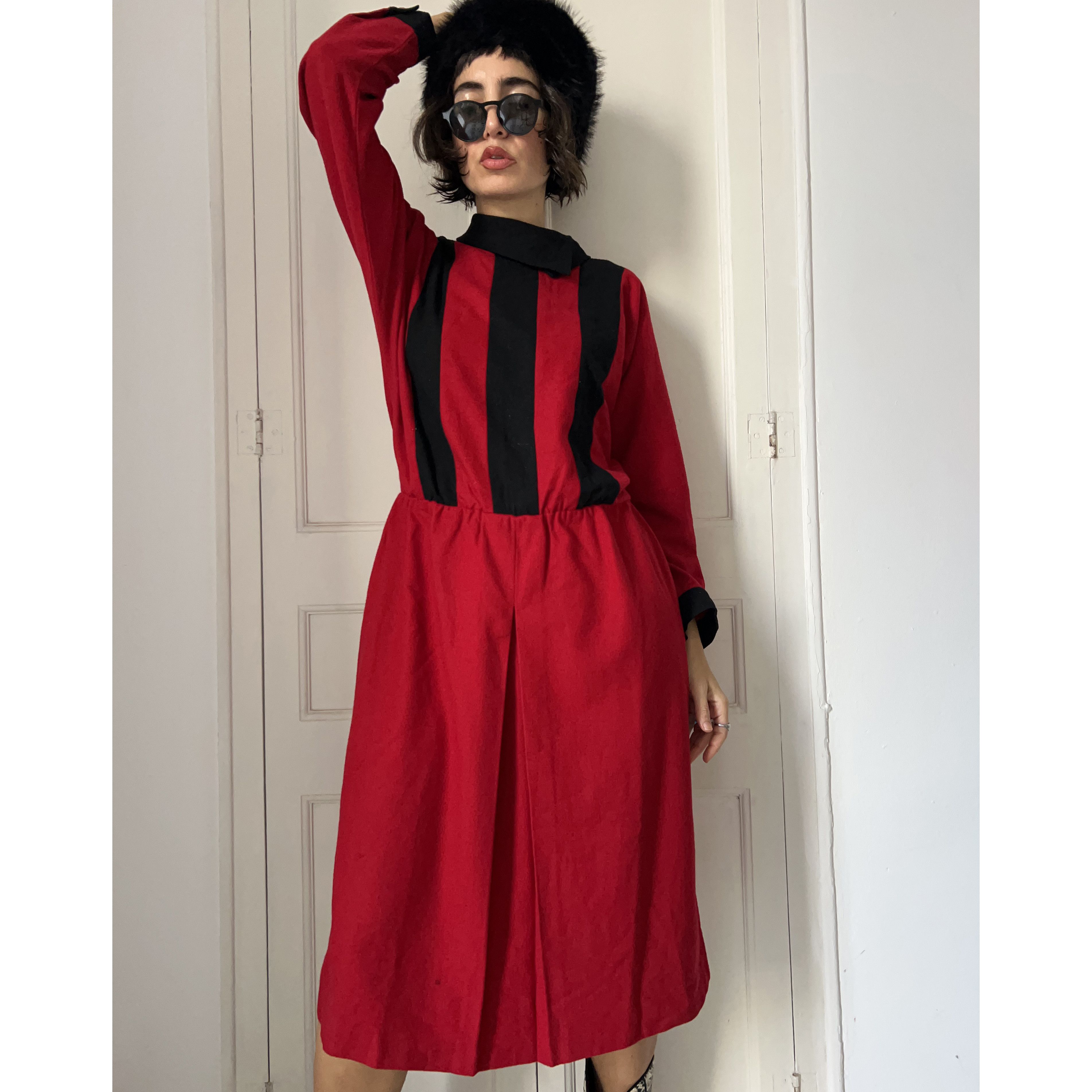 Vintage Vintage 80s Red Black Striped Wool Dress Size L / US 10 / IT 46 - 3 Thumbnail