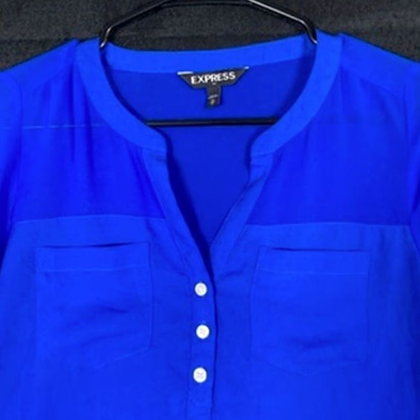 Express Express Blouse Women XS V-Neck Button Roll Tab Sleeve Sheer Blue Comfort Lightweight Casual Workwear Size XS / US 0-2 / IT 36-38 - 2 Thumbnail