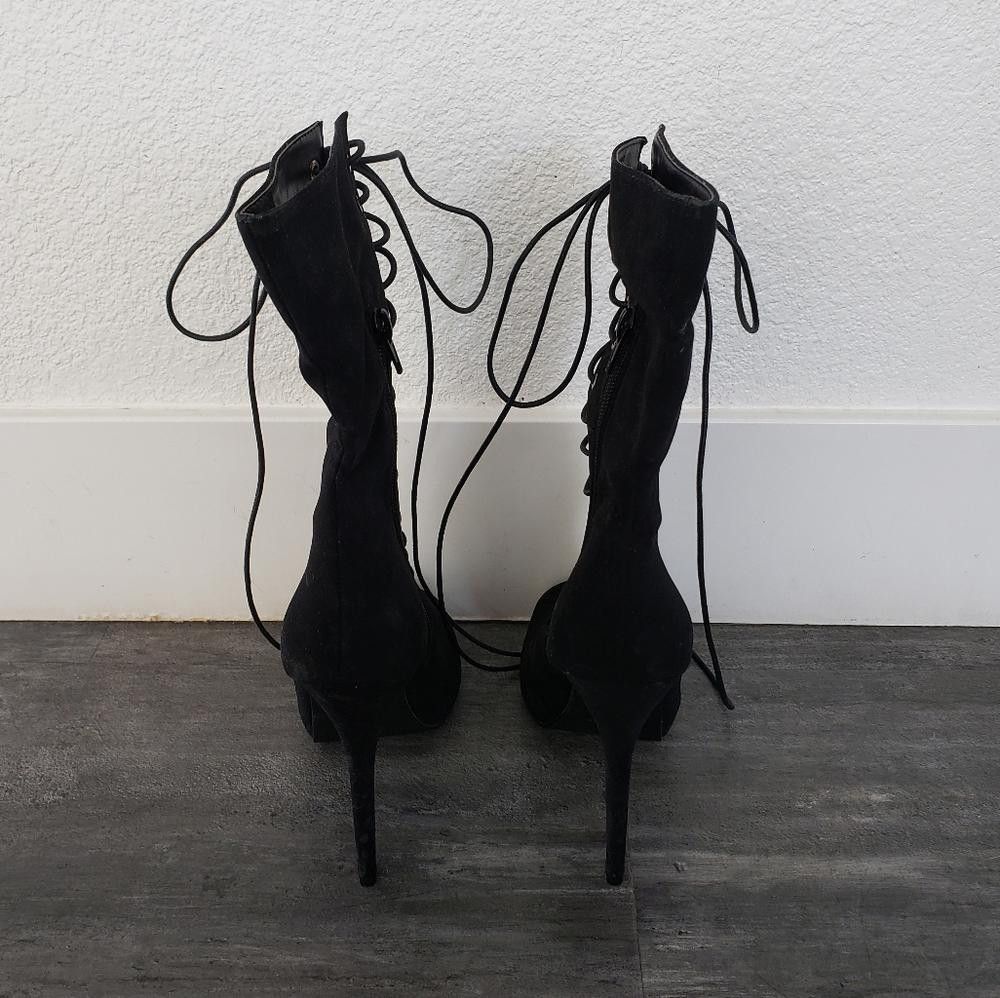 Designer Black Laced Up Suede Glaze Heeled Boot Size US 8 / IT 38 - 4 Thumbnail