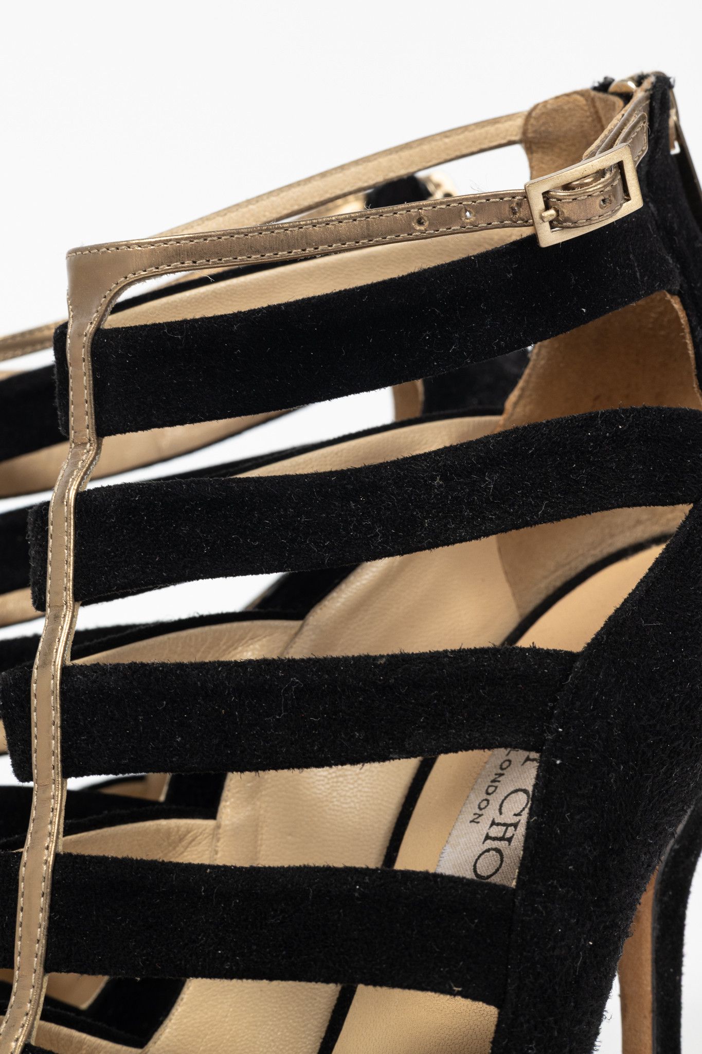 Jimmy Choo Jimmy Choo Fathom Black & Gold Suede Strappy Sandals Size US 7.5 / IT 37.5 - 8 Thumbnail
