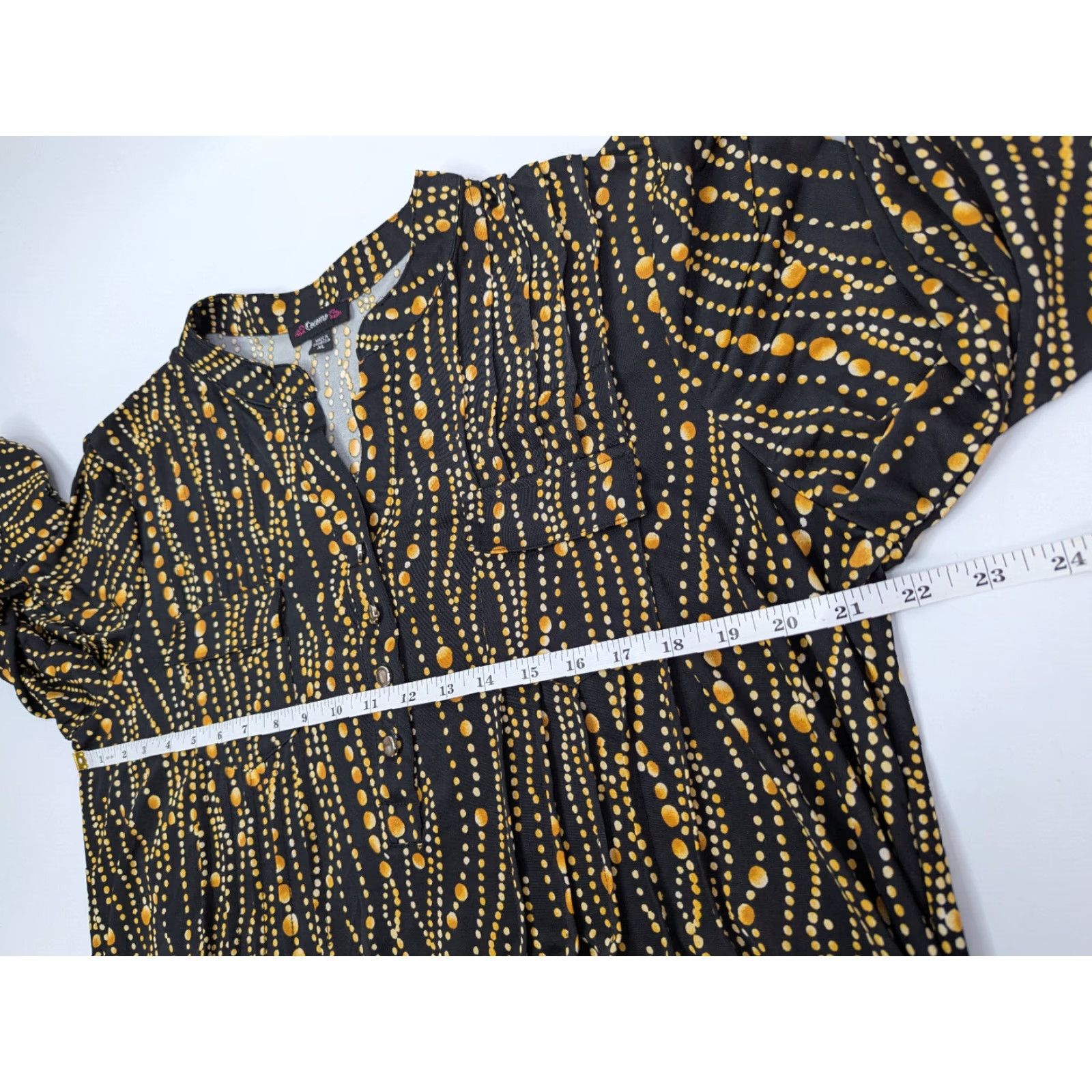 Vintage Cocomo Top Button V-Neck Roll Tab Sleeve 3/4 Sleeve Pintuck Geometric Yellow Black Circles XL Blouse Tunic Women Shopwear Size XL / US 12-14 / IT 48-50 - 5 Thumbnail
