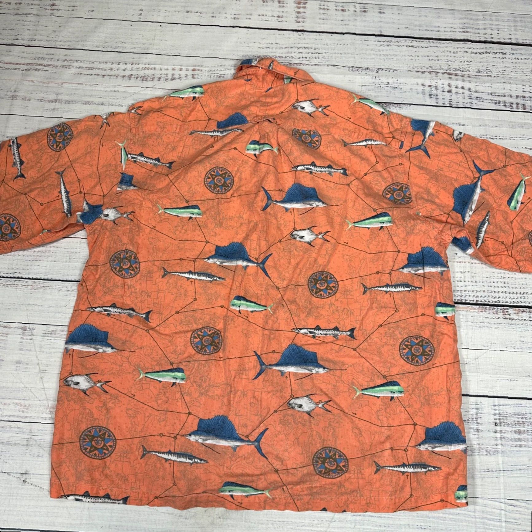 Barracuda Columbia Mens Short Sleeve Button-Up Shirt L Orange Fish Print Marlin Barracuda Shirt Size US L / EU 52-54 / 3 - 4 Thumbnail