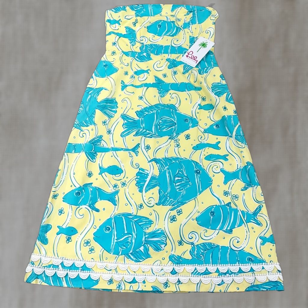Lilly Pulitzer Dress Size 6 Strapless Yellow Blue Fish Print Beach Ocean NWT New