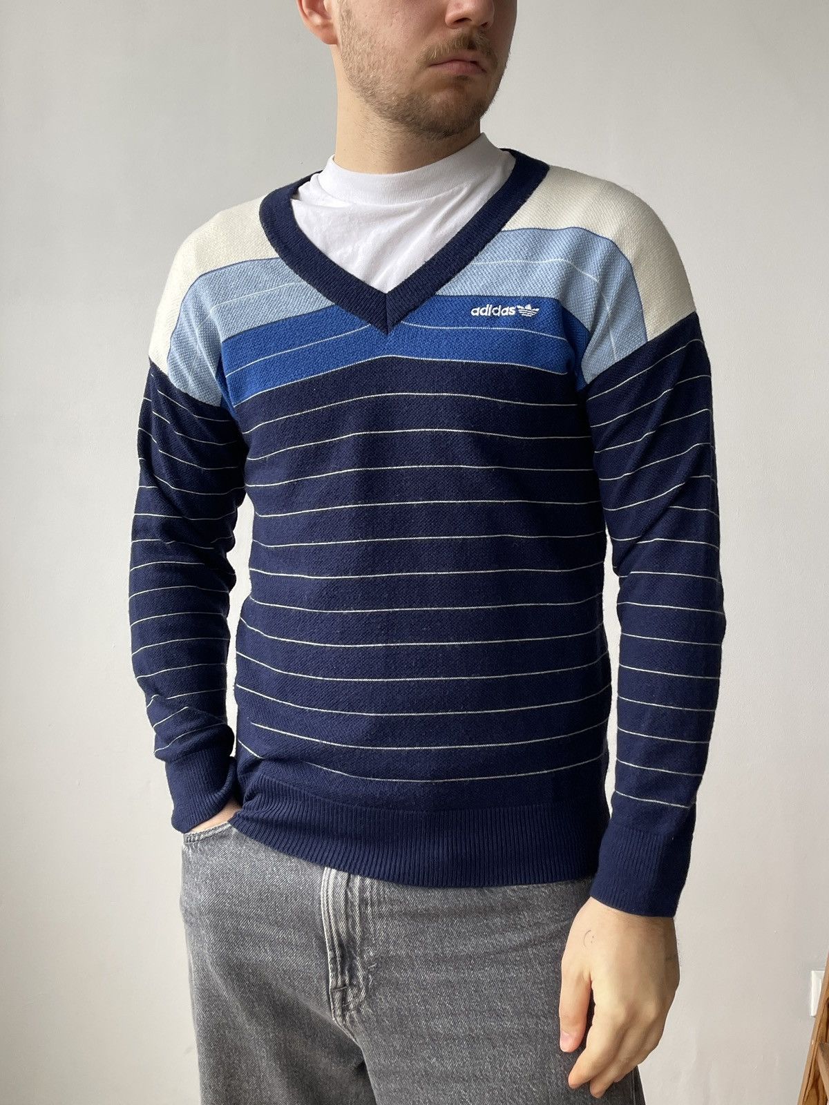Adidas Vintage ADIDAS Men’s Sweater S/M 80's Blue Striped Size US M / EU 48-50 / 2 - 2 Thumbnail