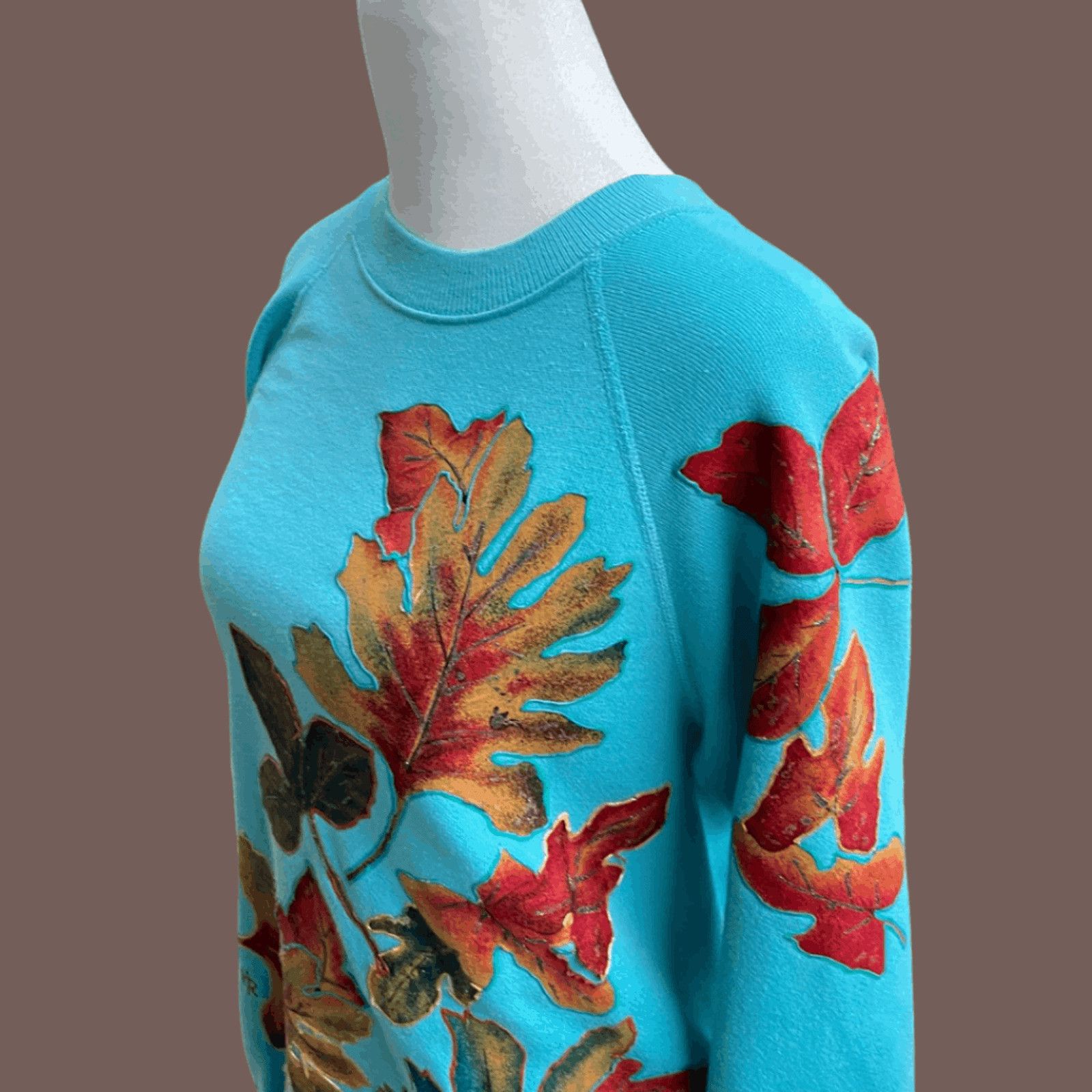 Hanes VTG Sweatshirt | Hanes Aqua Blue Leaf Print | 90s Handmade Size US M / EU 48-50 / 2 - 2 Thumbnail