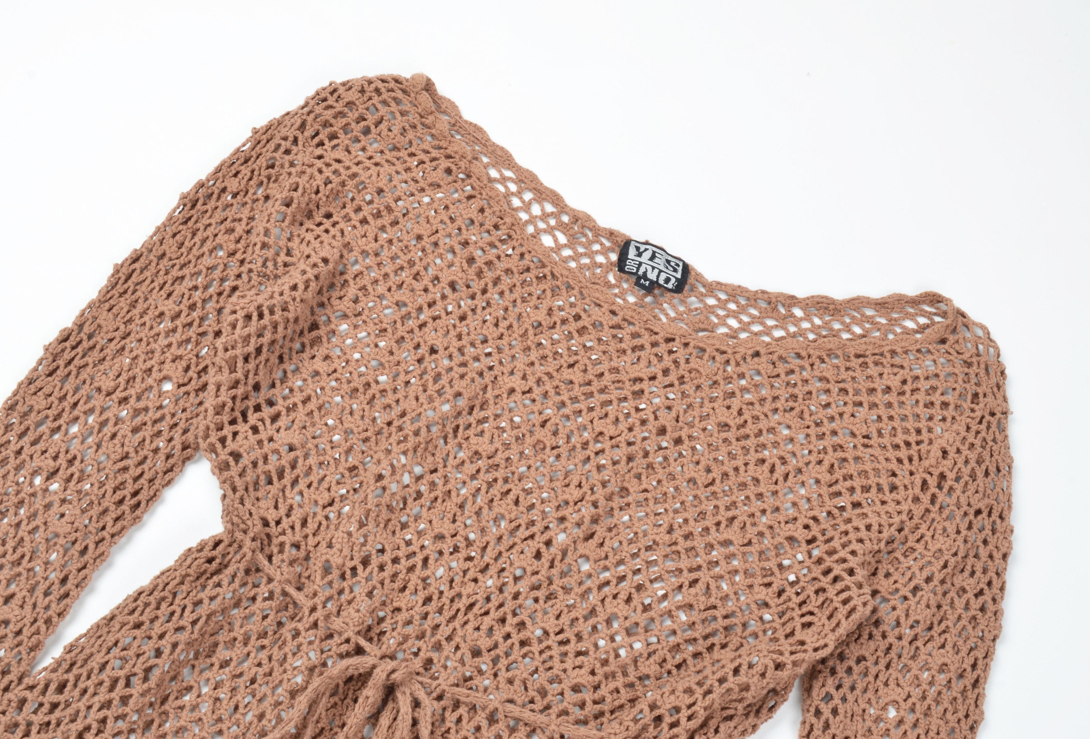 Designer Yes or No Crochet Knit Boat Neck Cottage Long Sleeve Tan Top Size M / US 6-8 / IT 42-44 - 5 Thumbnail