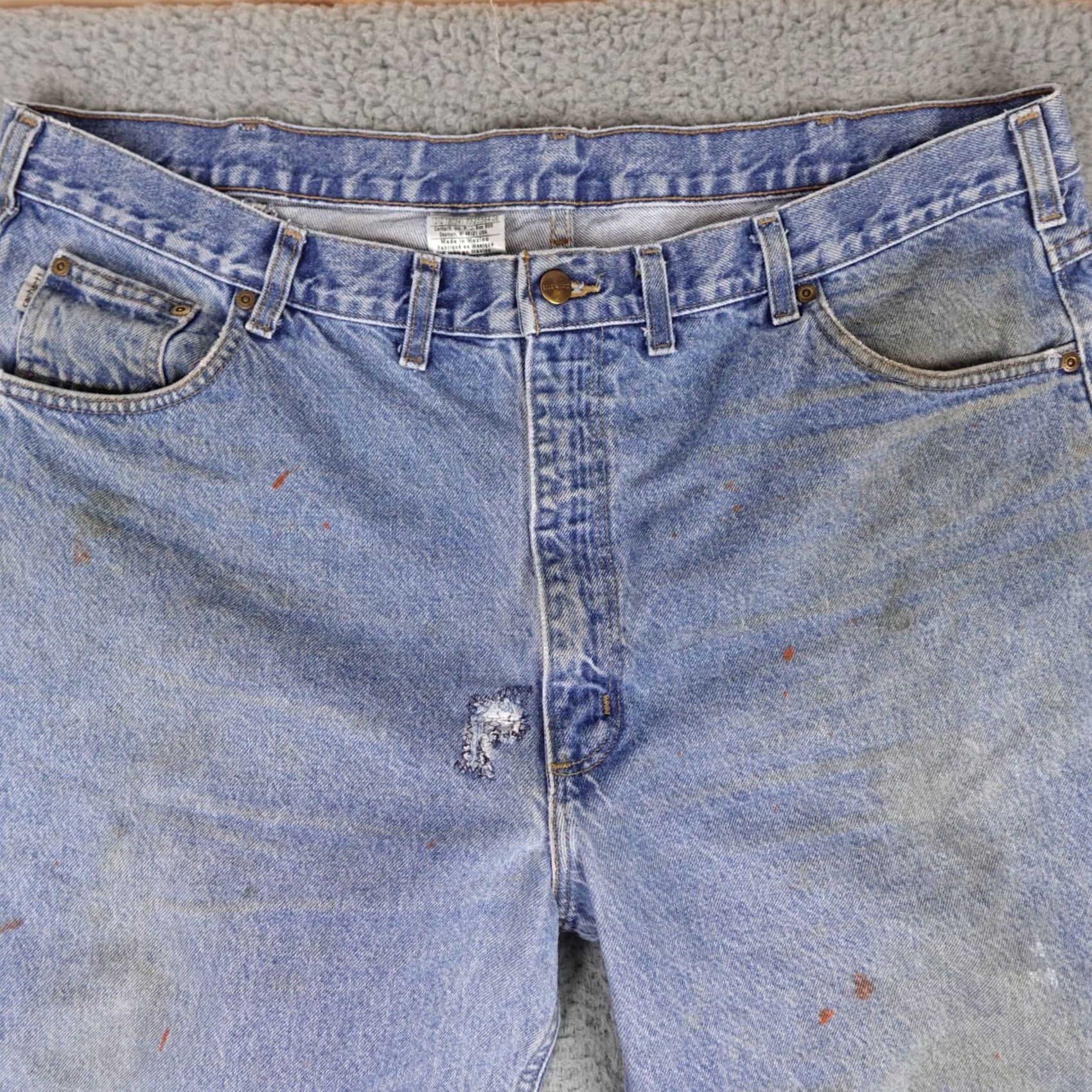 Carhartt Carhartt Jeans Regular Adult 44x32 Blue Denim Leather Patch 90s Logo Distressed Work B17 DST USA Mens Size US 44 / EU 60 - 5 Thumbnail