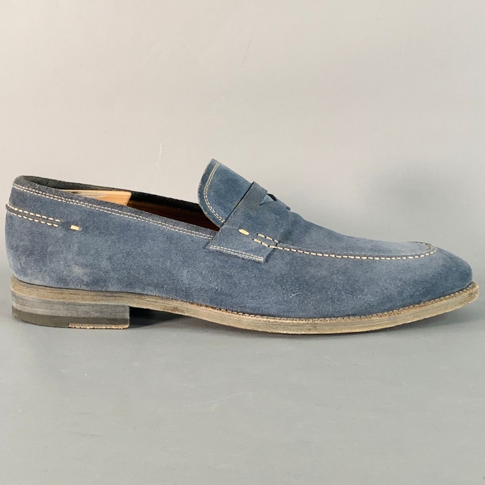 Magnanni Size 11 Blue Grey Contrast Stitch Suede Penny Loafers Size US 11 / EU 44 - 2 Thumbnail