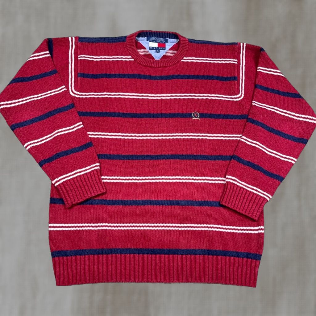 Tommy Hilfiger VINTAGE Tommy Hilfiger Sweater Men M Red Striped Heavy Knit Pullover Crew Neck 90s Modern Classic Mens Size US M / EU 48-50 / 2 - 1 Thumbnail