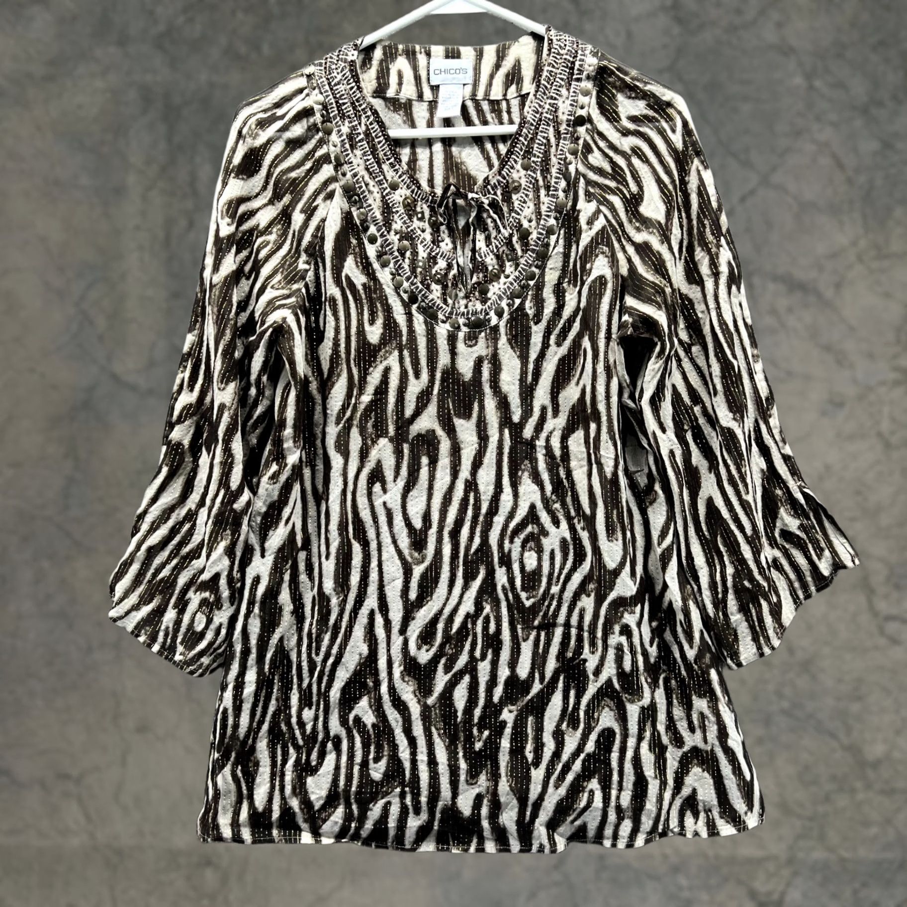 Vintage VINTAGE Chico'S Shirt Womens 1 Brown Dress Zebra Beaded Embellished Silk Metallic Line Size XS / US 0-2 / IT 36-38 - 1 Thumbnail
