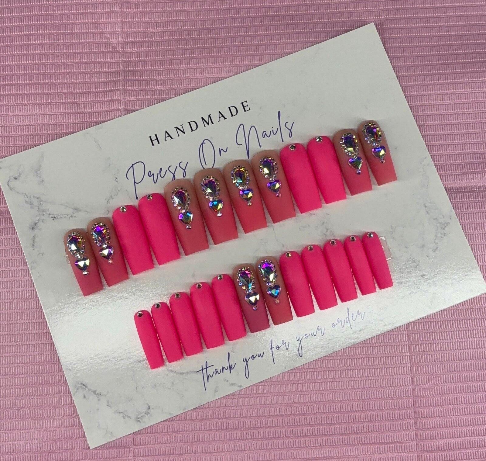 Handmade Long square Press on nails pink ombré rhinestones matte nude Size ONE SIZE - 2 Thumbnail