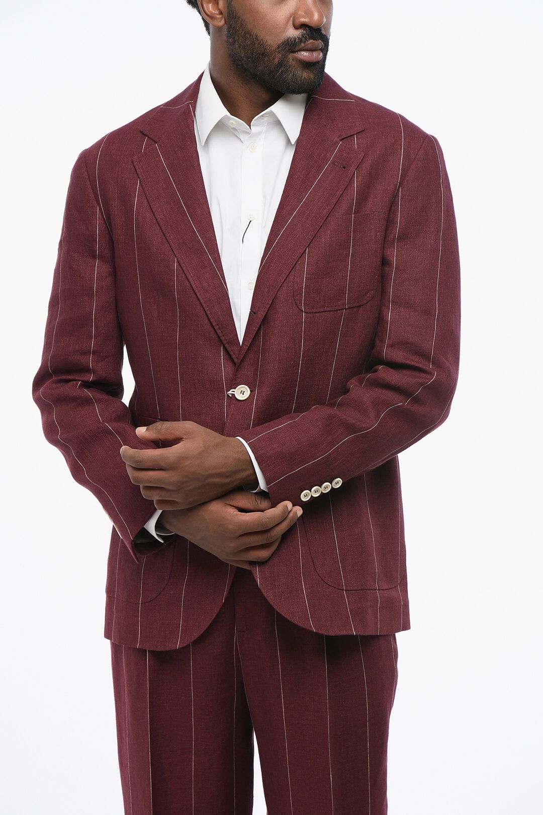 Brunello Cucinelli og1mm0725 Pure Linen Pinstriped Suit in Burgundy Size US M / EU 48-50 / 2 - 2 Thumbnail