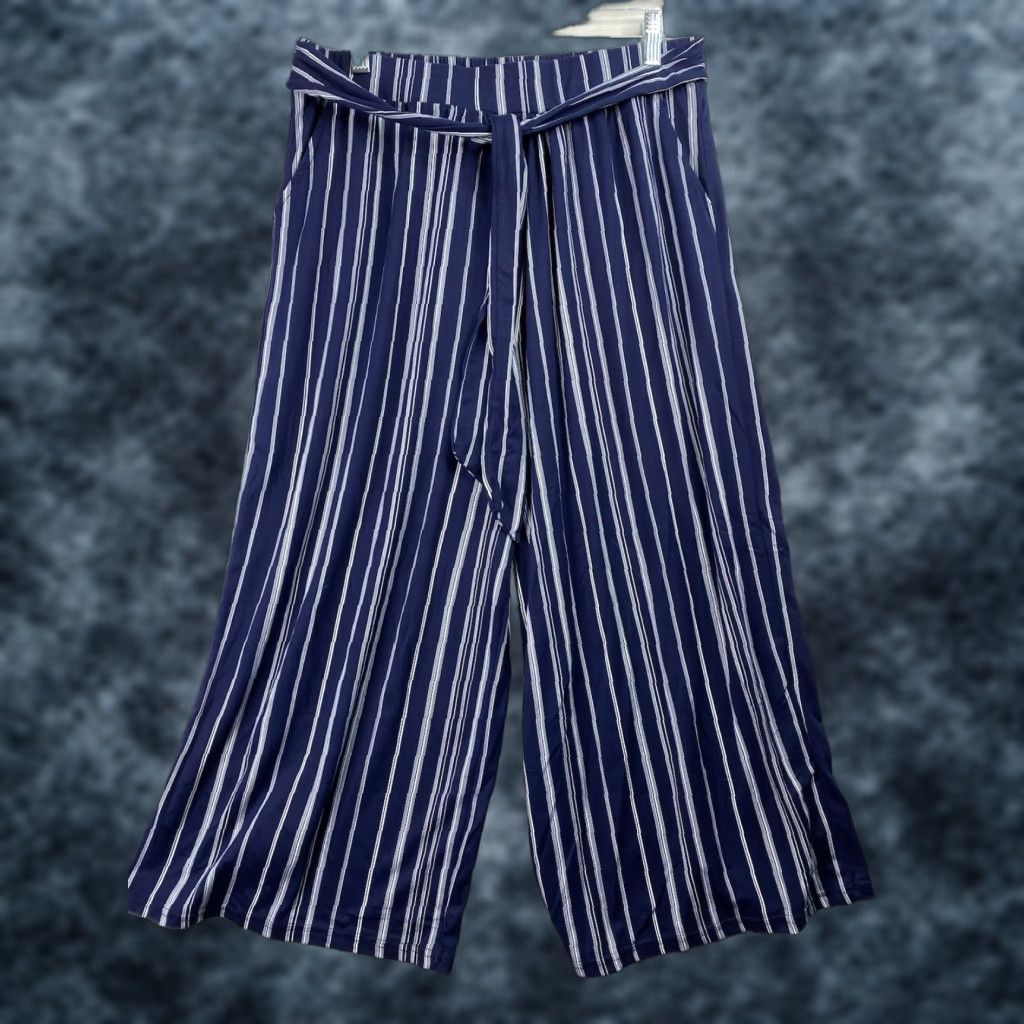 Vintage Shosho Womens Pants 1X Blue Striped Wide-Leg Pull On Gaucho Crop Belted Stretch Pants Reg Large Size 40" / US 18 - 1 Thumbnail