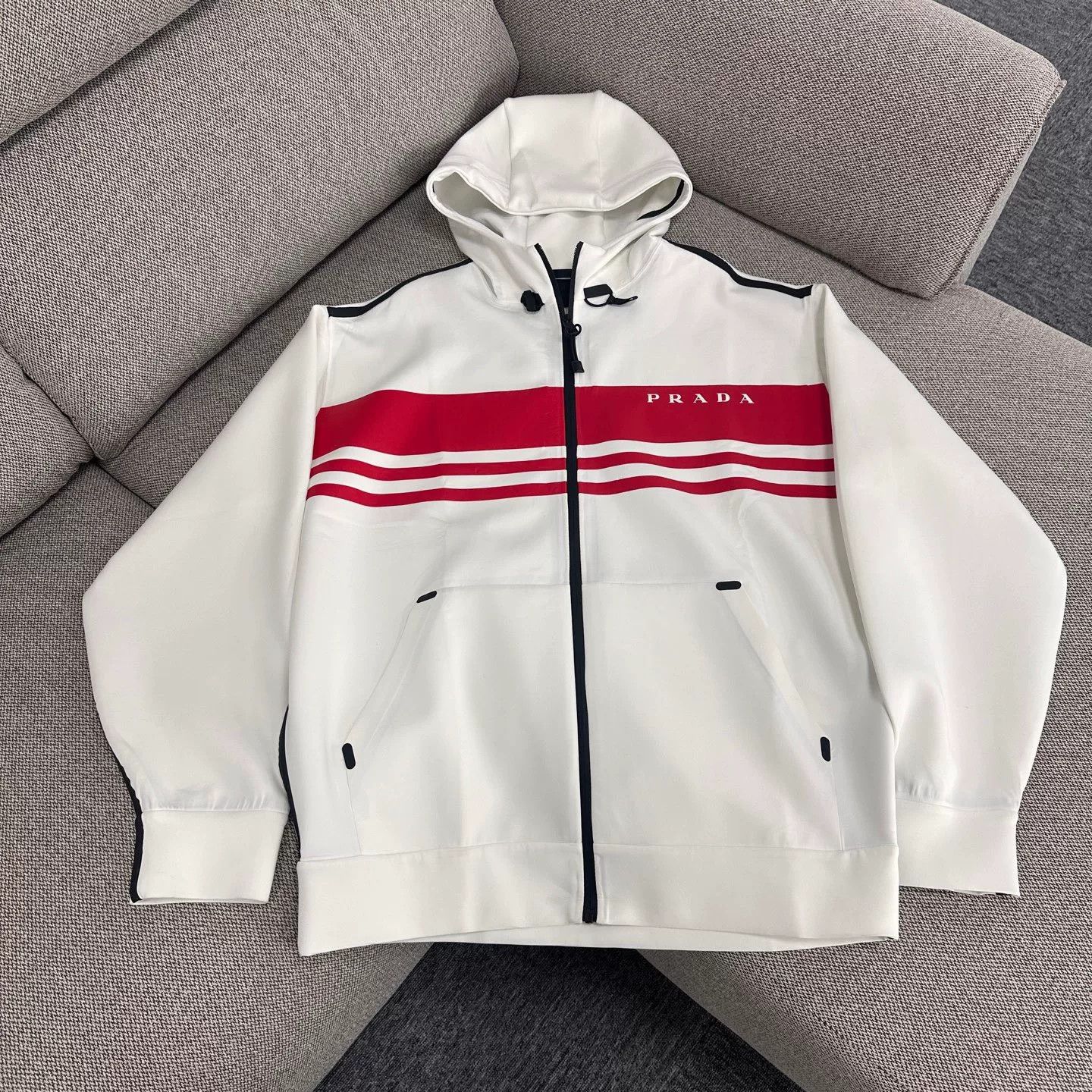 Prada Prada Striped Logo Zip Hooded Jacket Size US XL / EU 56 / 4 - 1 Thumbnail
