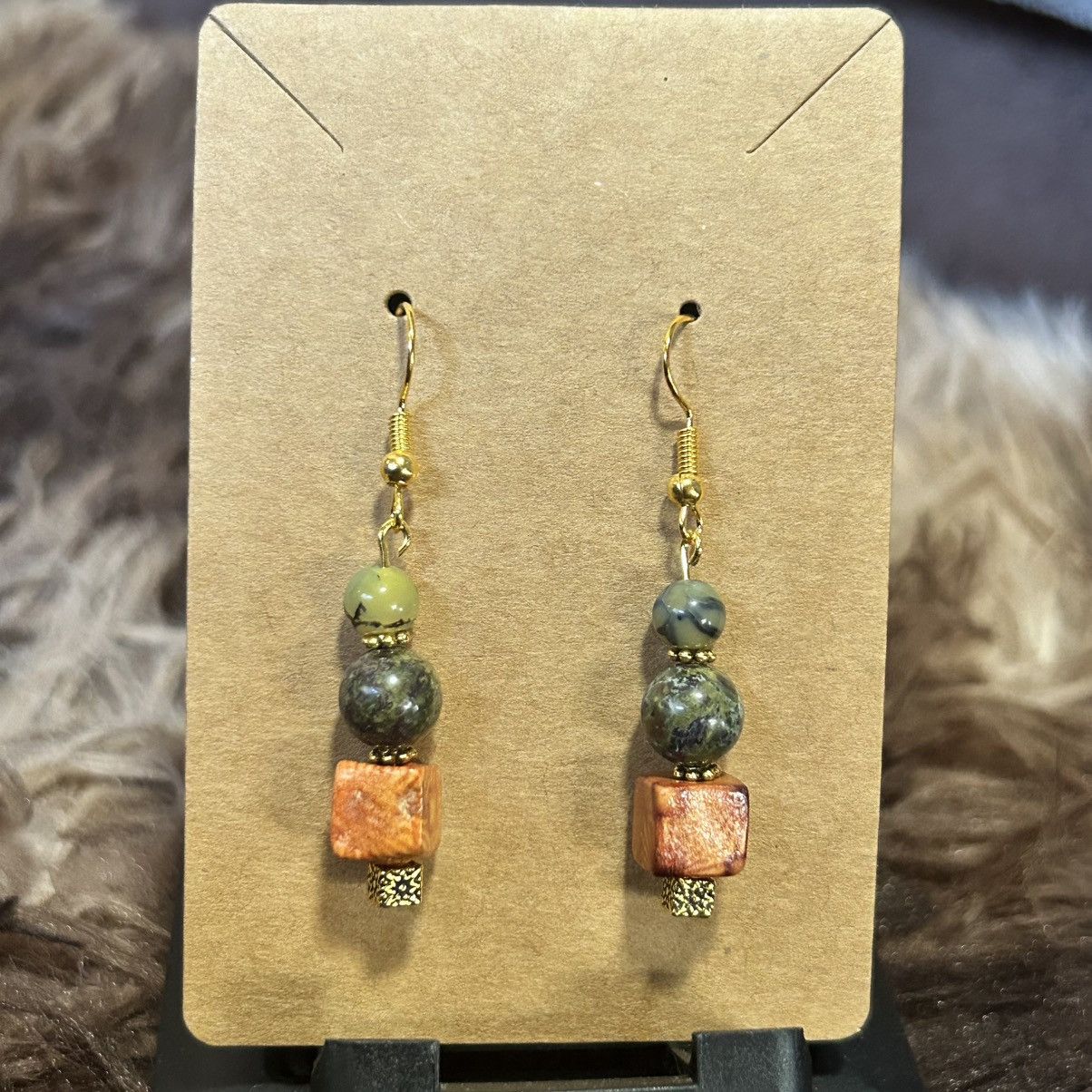 Handmade Handcrafted vintage wood bead dragon vein agate earrings Size ONE SIZE - 2 Thumbnail