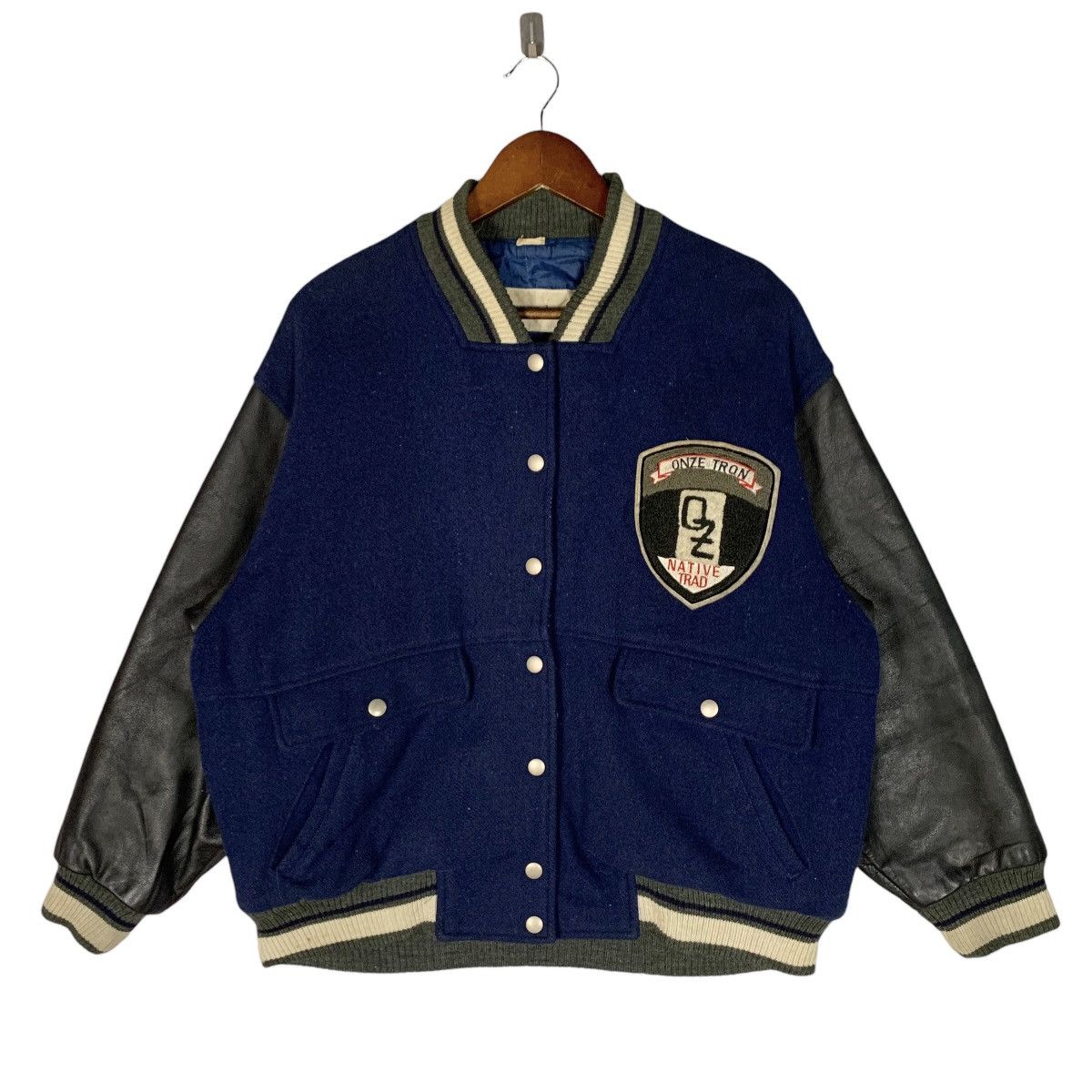 Japanese Brand × Vintage Vintage Onze Tron Hair Half Leather Varsity Jacket Size L Size US L / EU 52-54 / 3 - 1 Thumbnail