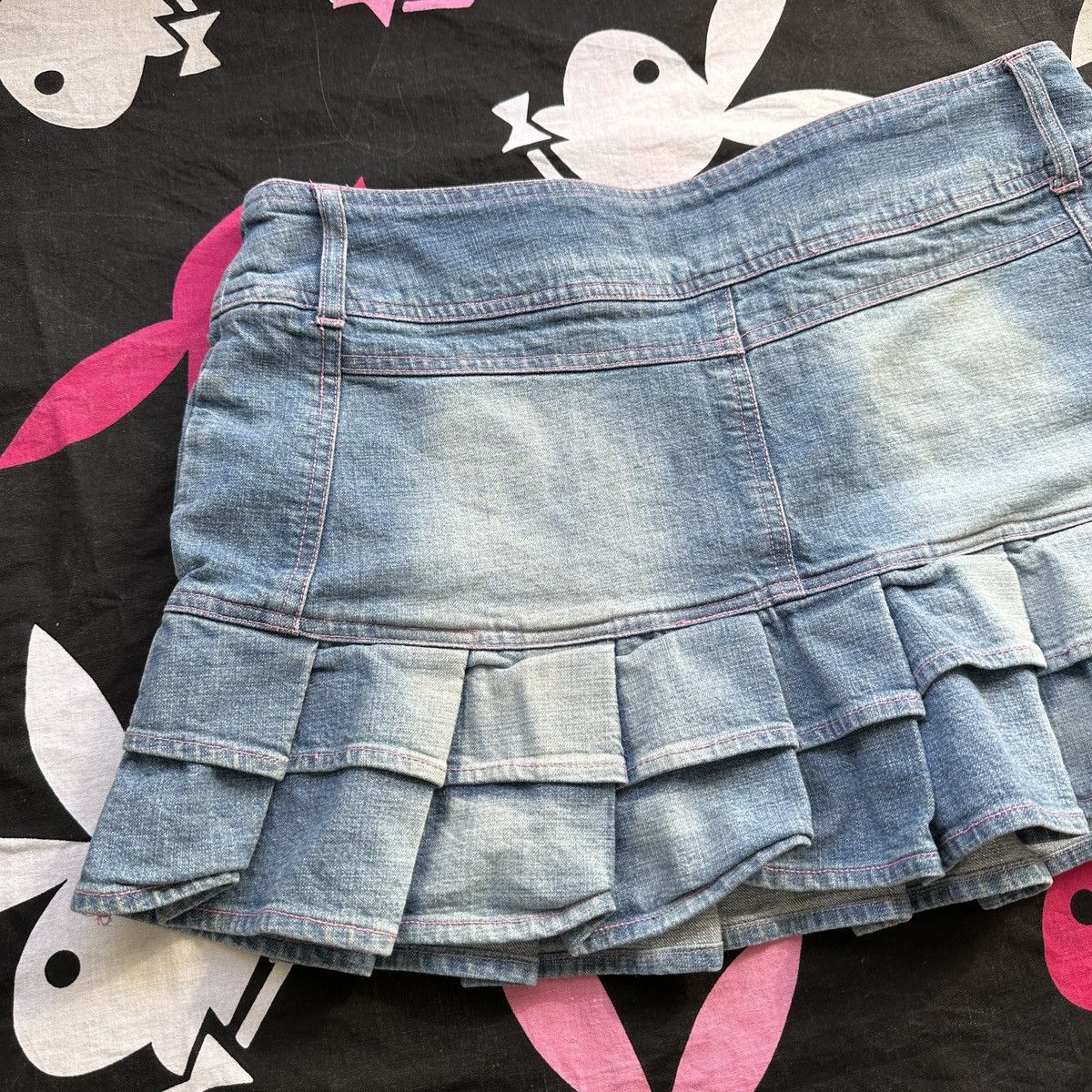 Beauty Beast × Japanese Brand Vintage Micro Mini Pleated Denim Contrast Stitching Skirt Size 34" / US 12 / IT 48 - 3 Thumbnail