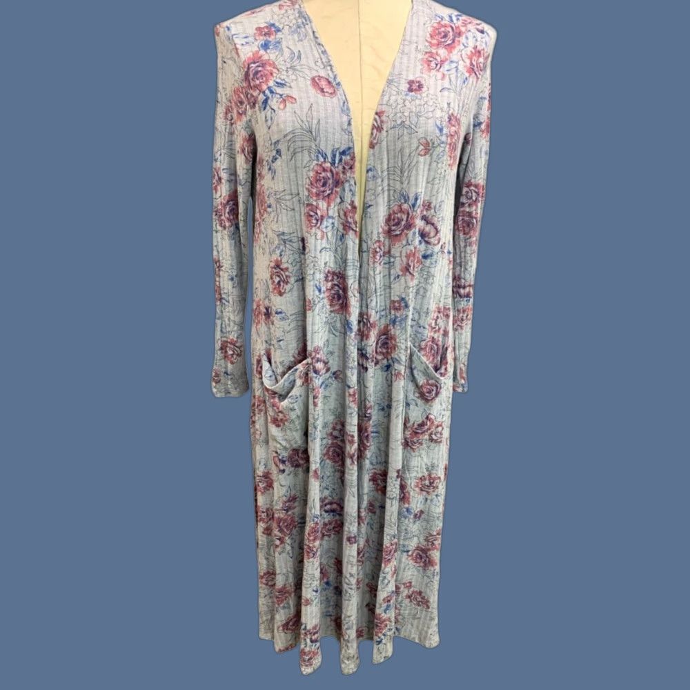 Vintage VINTAGE LuLaRoe Sarah Duster Long Cardigan Gray Floral Pockets Womens Small Cardigan Womens Gray Floral Pockets 90s? Size S / US 4 / IT 40 - 1 Thumbnail