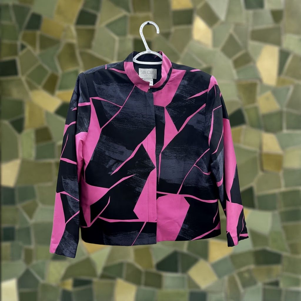 Vintage Silk Club Jacket Womens Petite Small Pink Black Zip Up Geometric Mid-Length Satin Lining Static Size S / US 4 / IT 40 - 1 Thumbnail