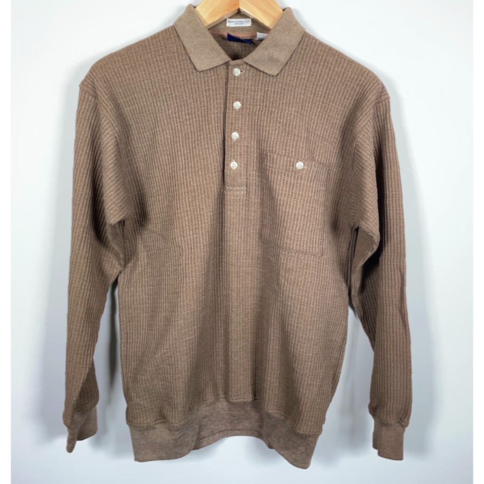 Vintage VINTAGE John Blair Polo Shirt Mens M Brown 90s Textured Waffle Knit Long Sleeve Casual Polo Size US M / EU 48-50 / 2 - 2 Thumbnail