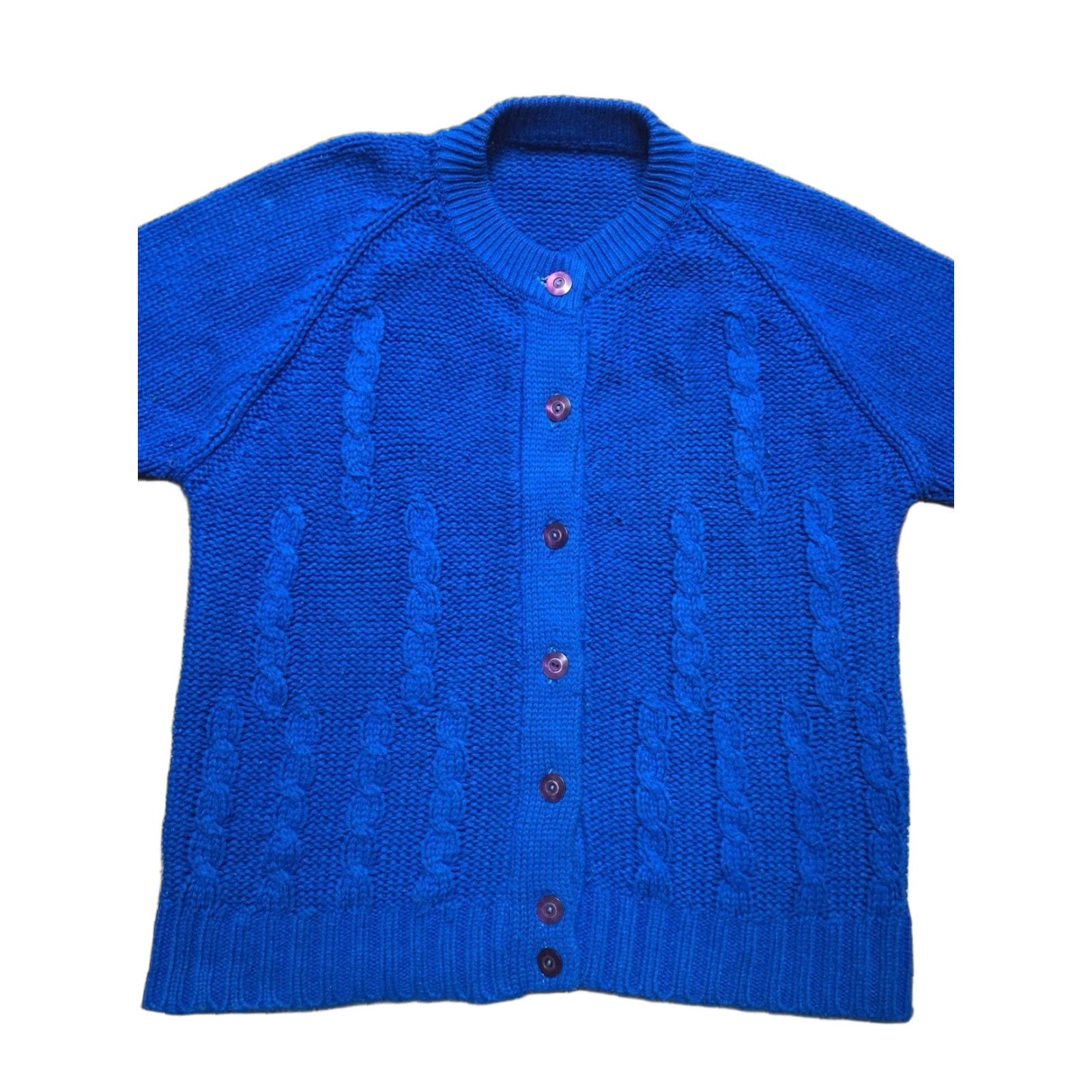 VINTAGE 60s Button Front Cardigan Sweater Cable-Knit Blue Acrylic Women’s XL
