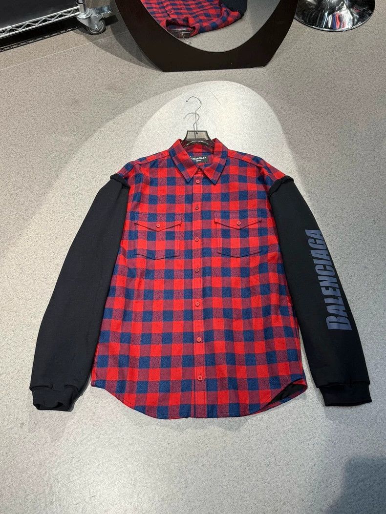 Balenciaga Balenciaga Red Blue Plaid Paneled Sleeve Shirt Jacket-yf Size US M / EU 48-50 / 2 - 1 Thumbnail