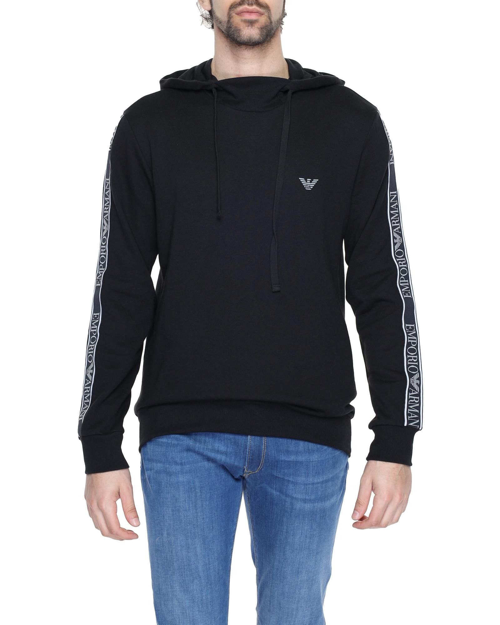 image of Emporio Armani Printed Hooded Sweatshirt With Long Sleeves And Slip-On Fastening in Black (Size Sma