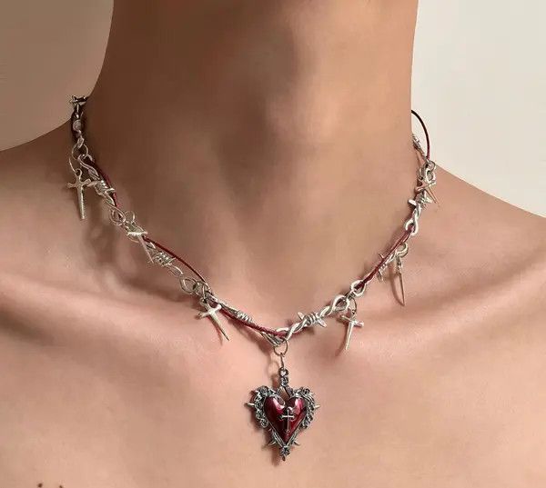 Jewelry Silver Barbed Wire Cross Necklace with Red Heart Pendant Size ONE SIZE - 1 Thumbnail